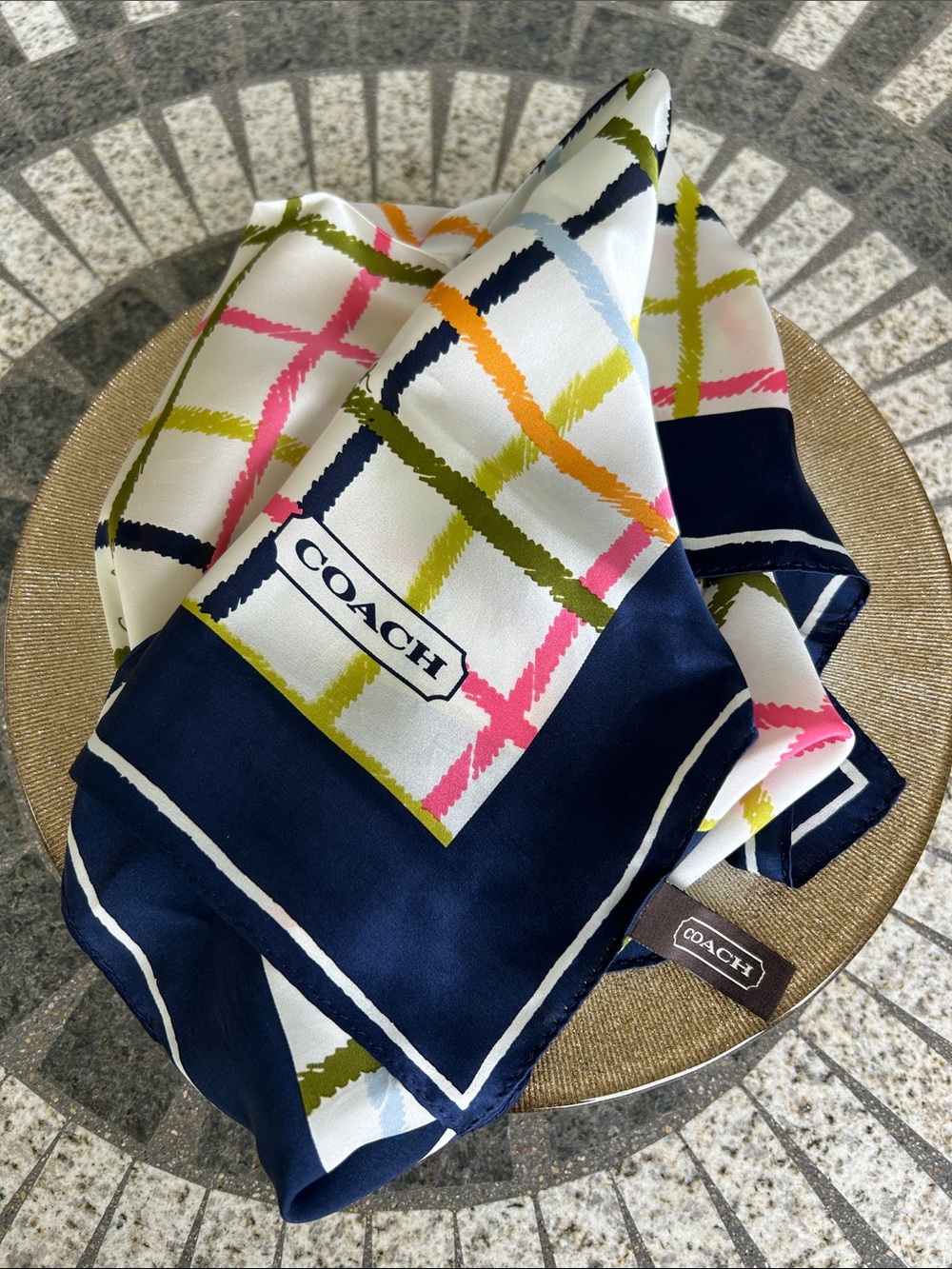 Coach Navy Tattersall Silk Scarf with Pink, Olive & White Plaid Accents - Picture 3 of 6